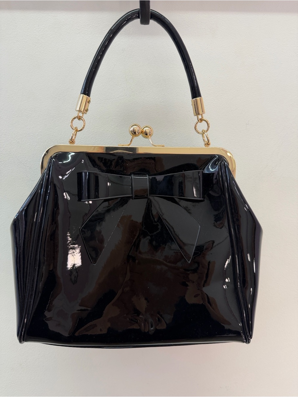 Banned Retro Black Patent Bow Frame Clutch